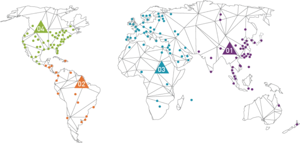 gepunktete Weltkarte mit Standorten der weltweiten Kanzleien des AGN International Verbunds