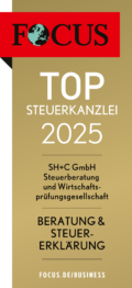 Unternehmenssiegel für SH+C von FOCUS als TOP-Steuerkanzlei 2025 für Beratung und Steuererklärung